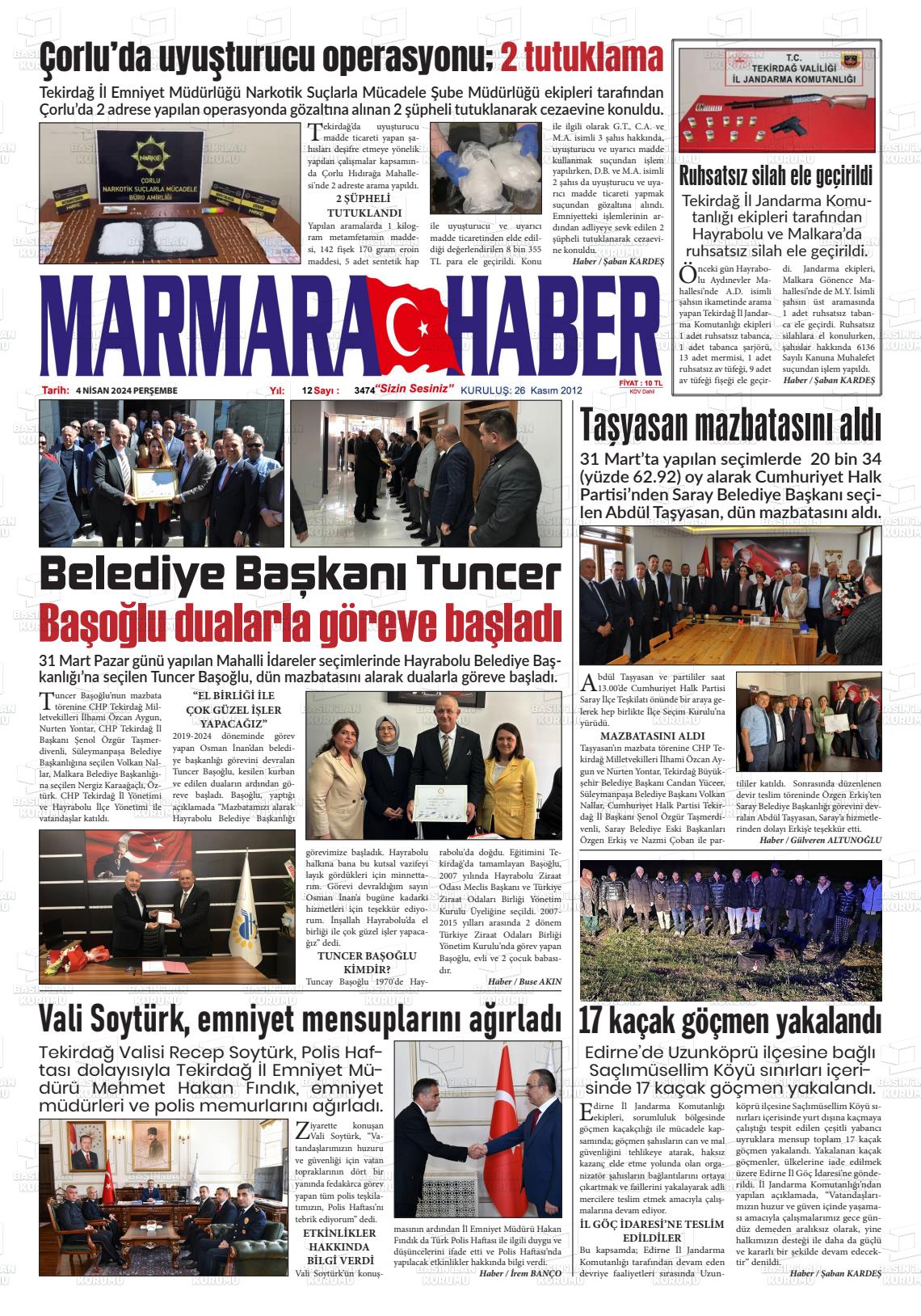 04 Nisan 2024 Marmara Haber Gazete Manşeti