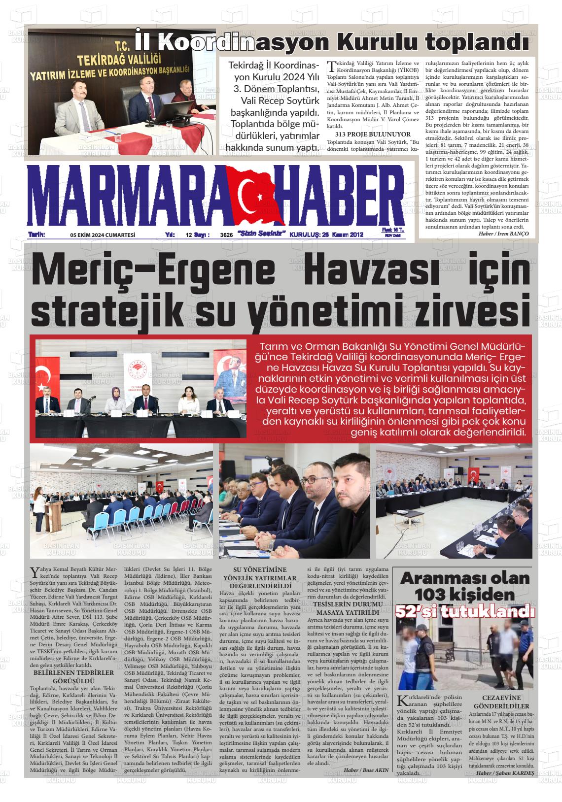 05 Ekim 2024 Marmara Haber Gazete Manşeti