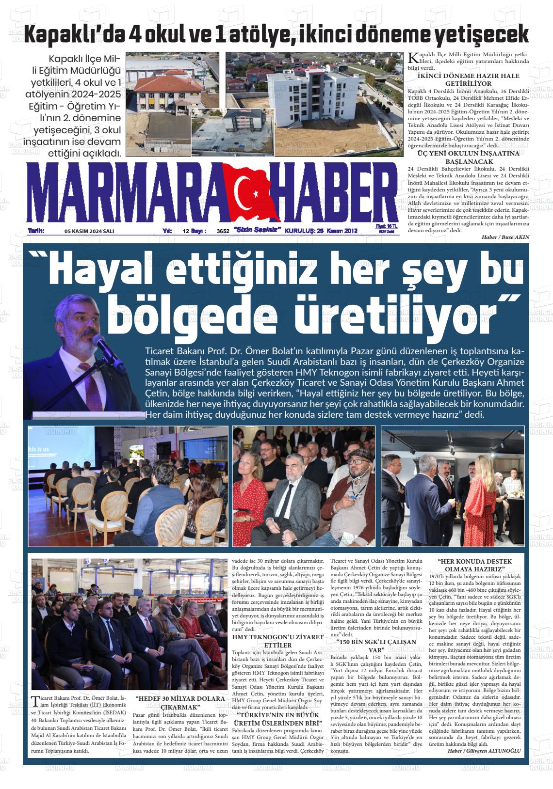 05 Kasım 2024 Marmara Haber Gazete Manşeti