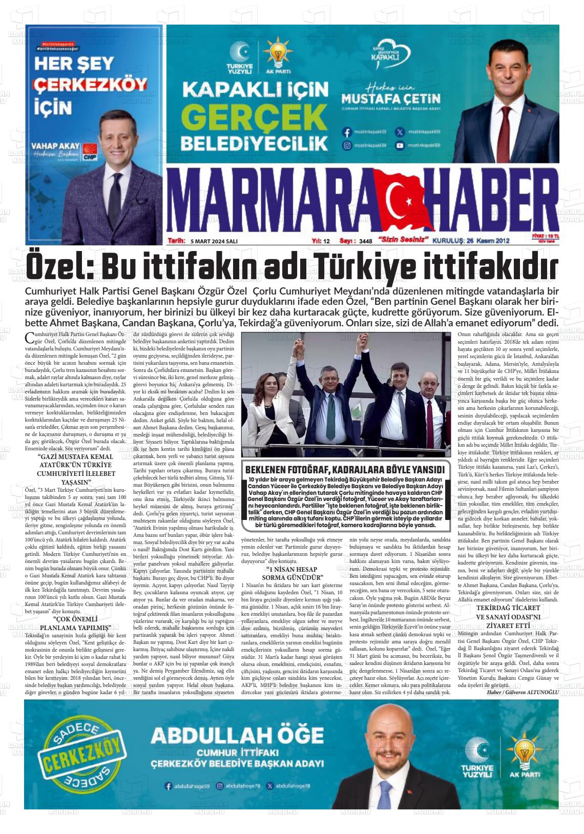 07 Mart 2024 Marmara Haber Gazete Manşeti