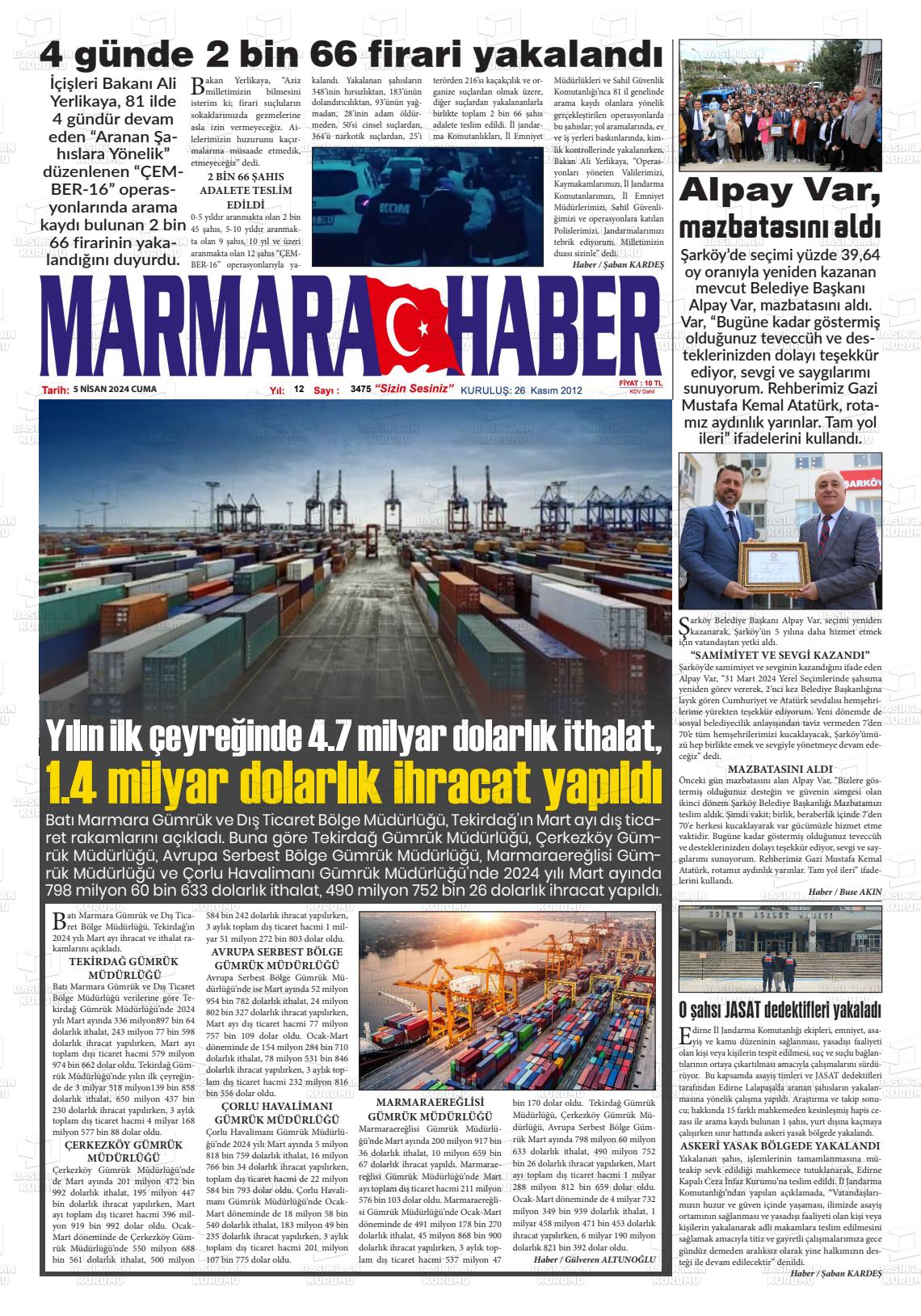 05 Nisan 2024 Marmara Haber Gazete Manşeti