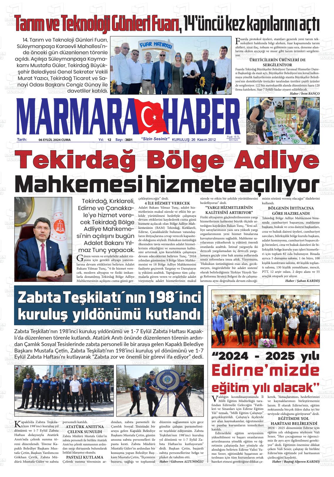 06 Eylül 2024 Marmara Haber Gazete Manşeti