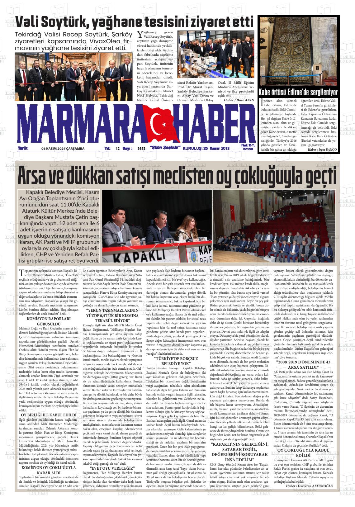 06 Kasım 2024 Marmara Haber Gazete Manşeti