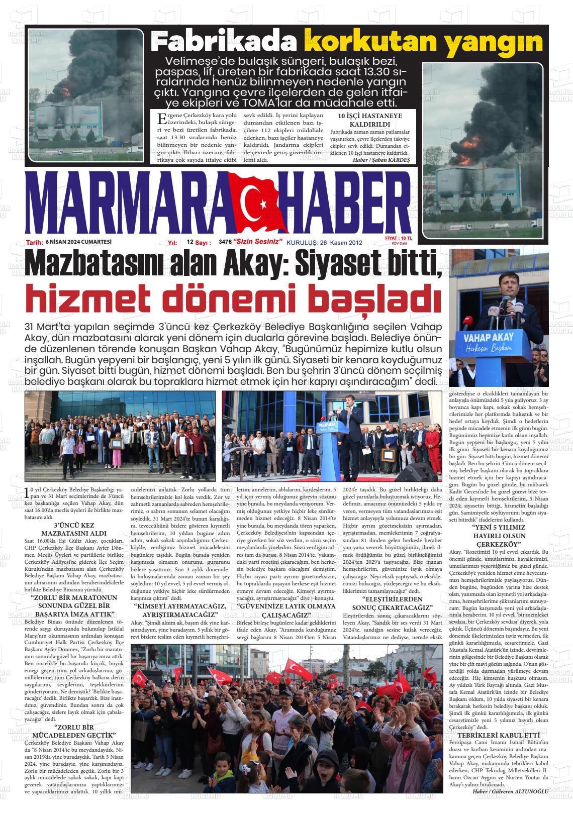 06 Nisan 2024 Marmara Haber Gazete Manşeti