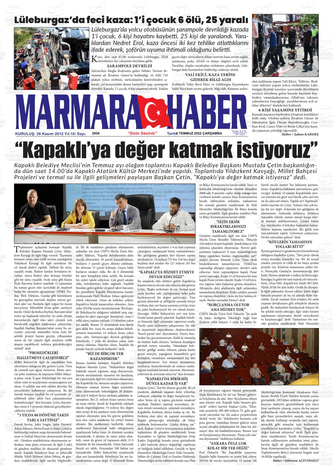 06 Temmuz 2022 Marmara Haber Gazete Manşeti