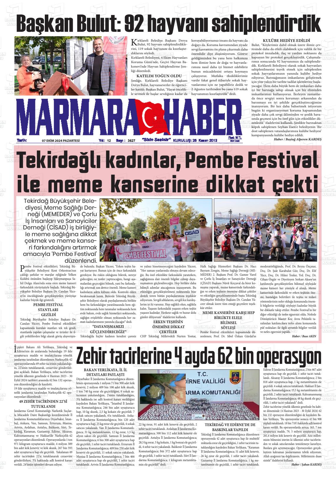 07 Ekim 2024 Marmara Haber Gazete Manşeti