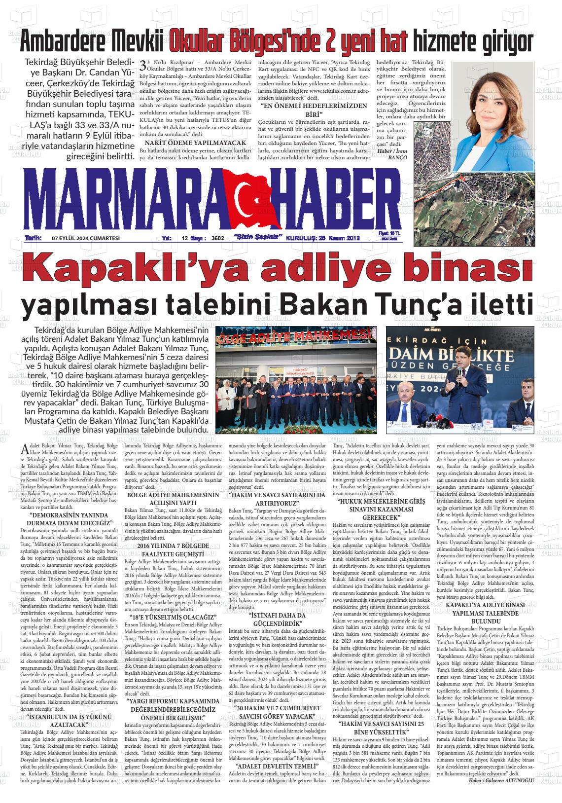 07 Eylül 2024 Marmara Haber Gazete Manşeti