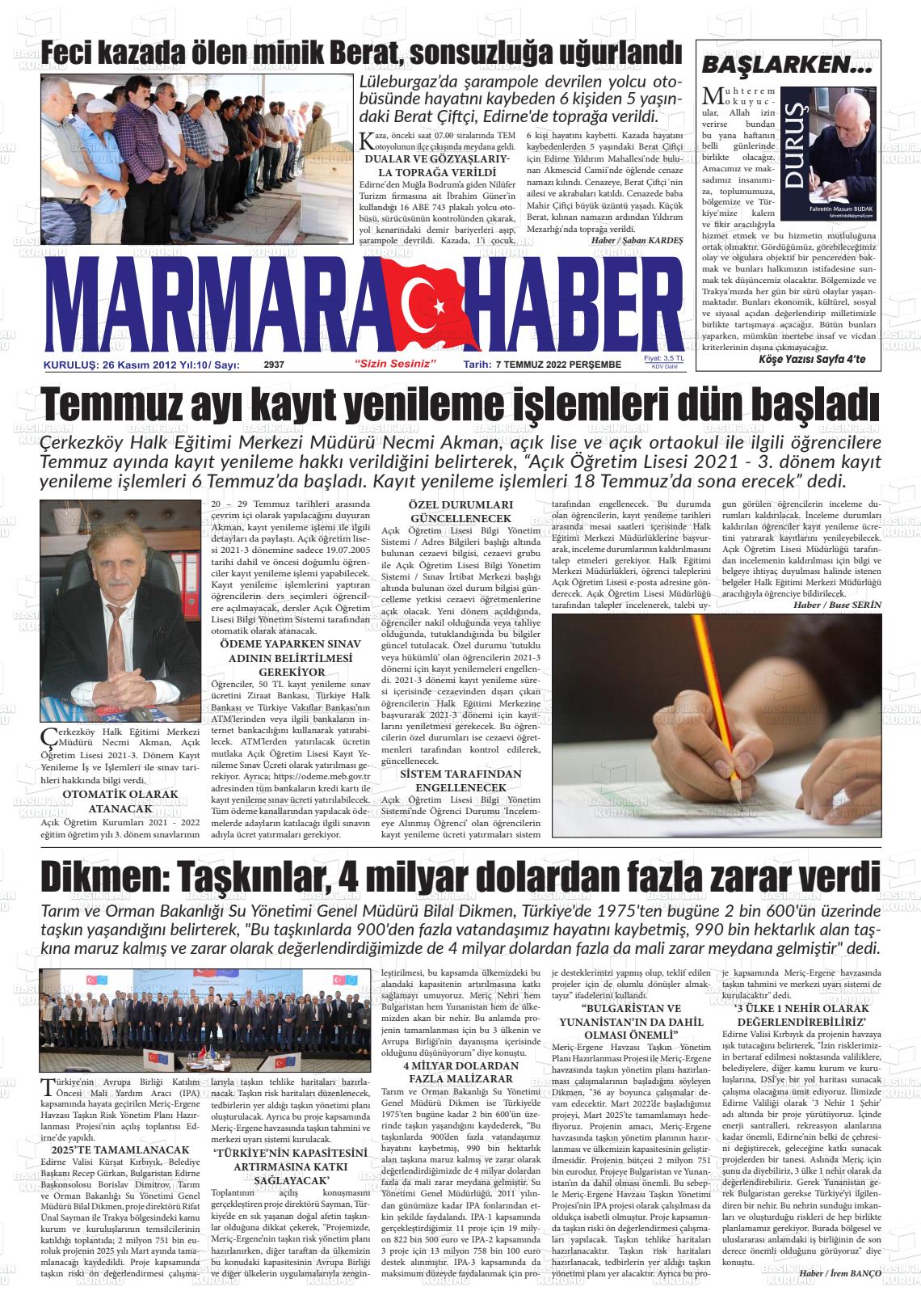 07 Temmuz 2022 Marmara Haber Gazete Manşeti