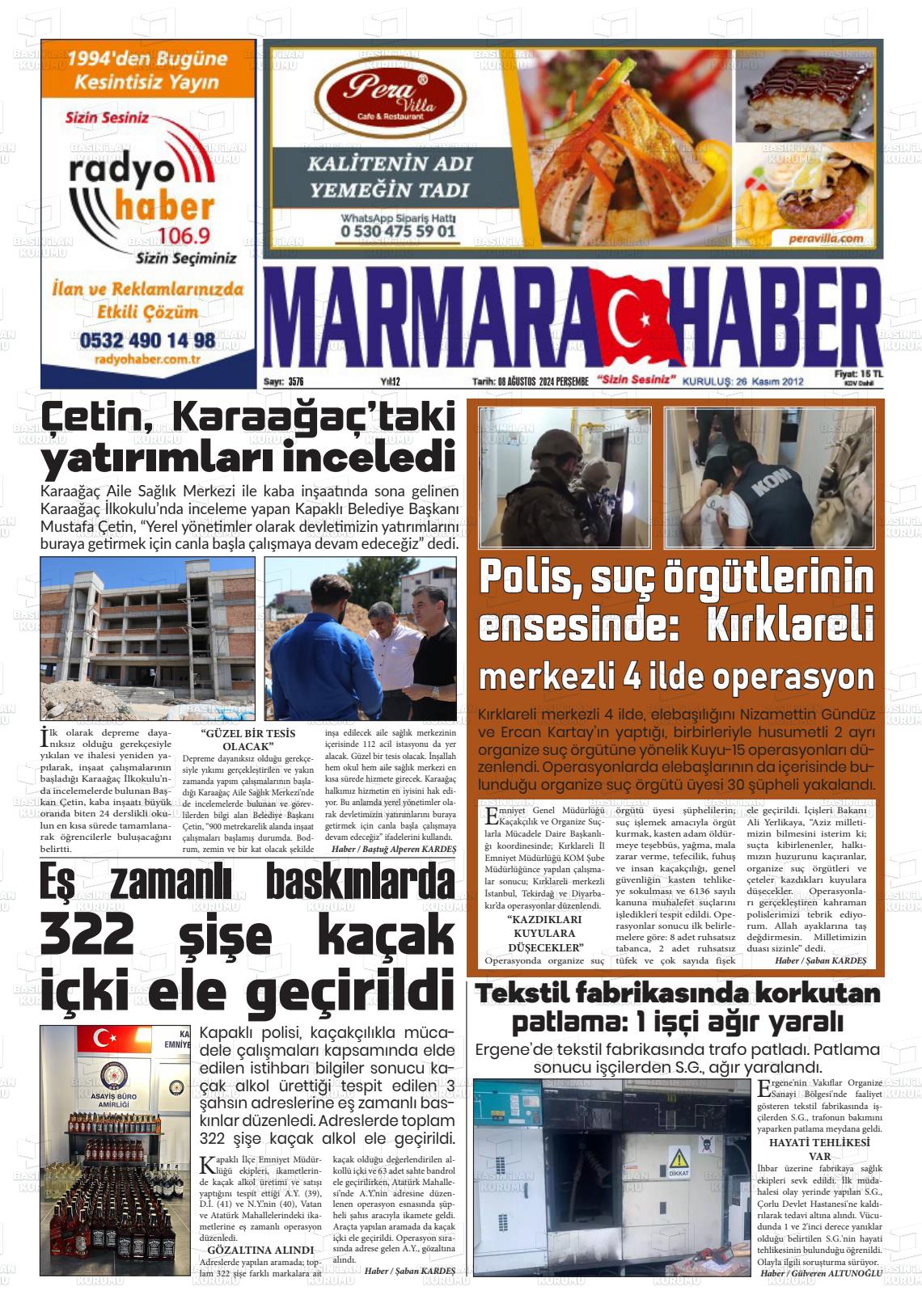 08 Ağustos 2024 Marmara Haber Gazete Manşeti