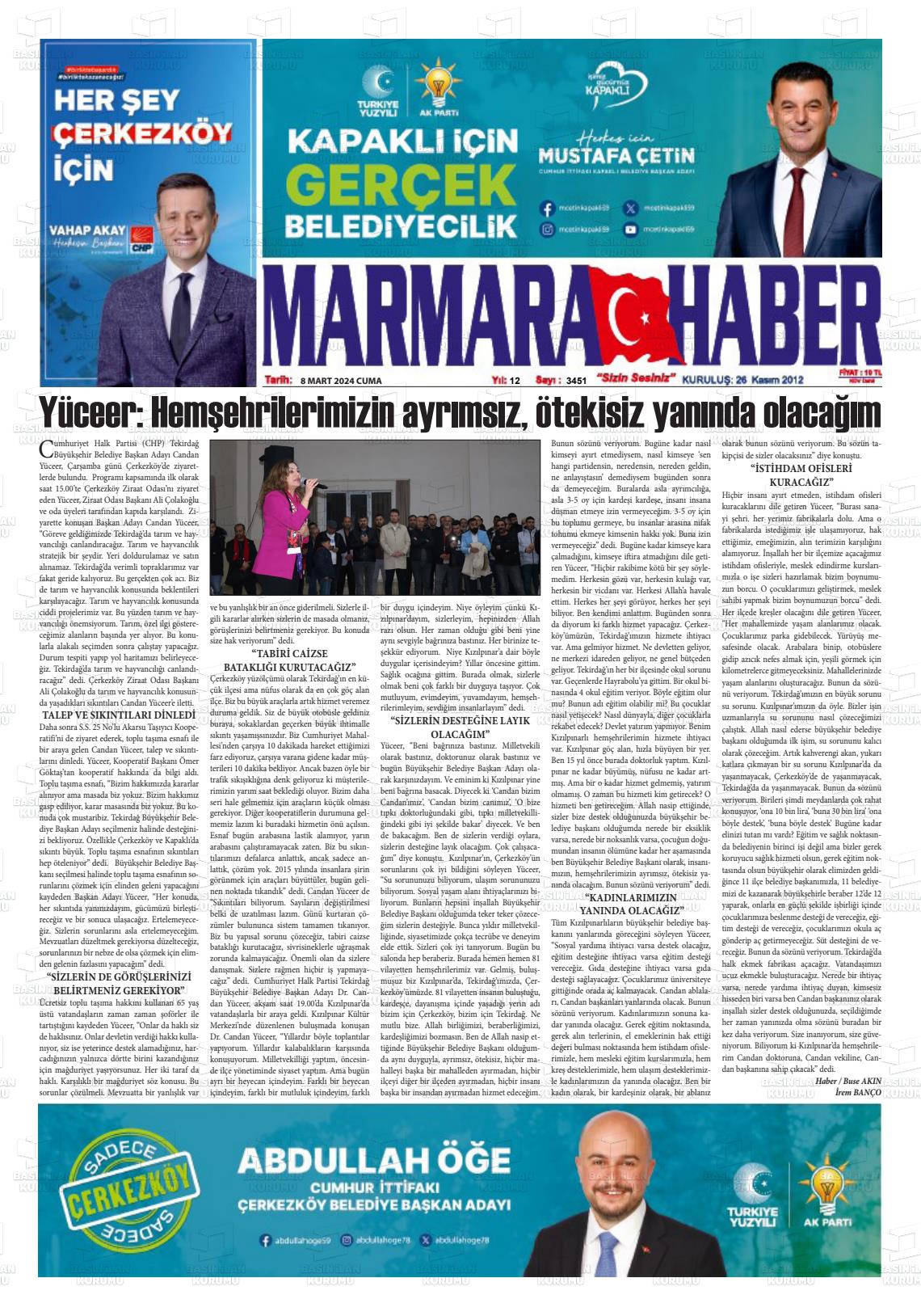 08 Mart 2024 Marmara Haber Gazete Manşeti