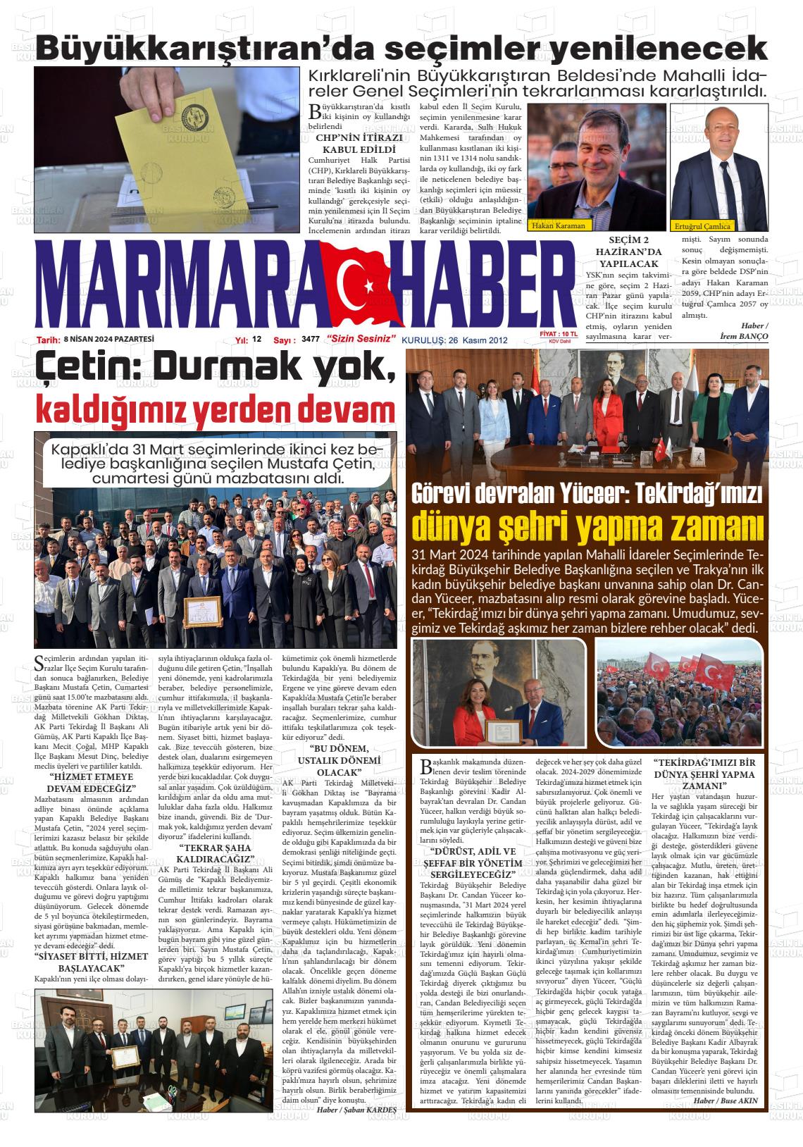 08 Nisan 2024 Marmara Haber Gazete Manşeti