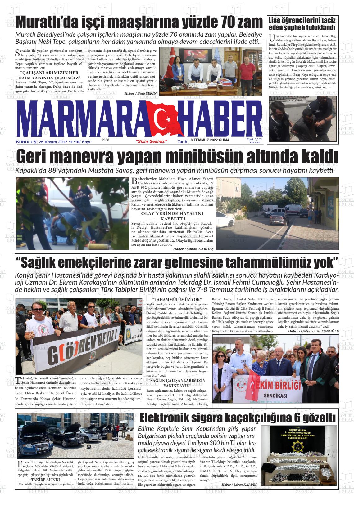 08 Temmuz 2022 Marmara Haber Gazete Manşeti