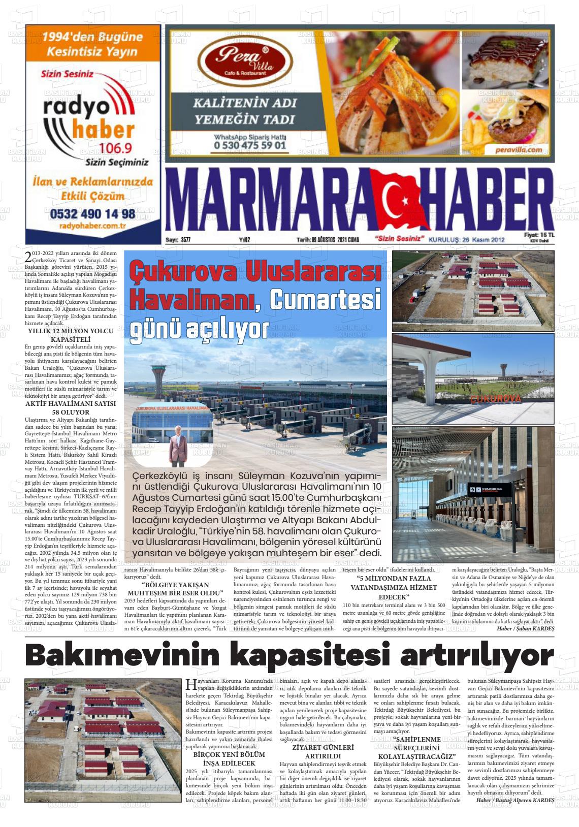 09 Ağustos 2024 Marmara Haber Gazete Manşeti