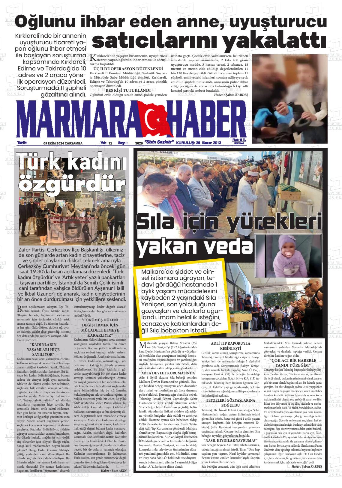 09 Ekim 2024 Marmara Haber Gazete Manşeti