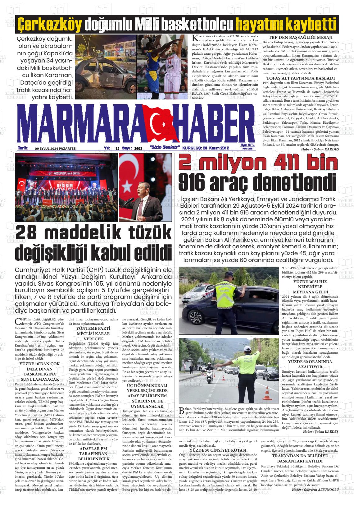 09 Eylül 2024 Marmara Haber Gazete Manşeti