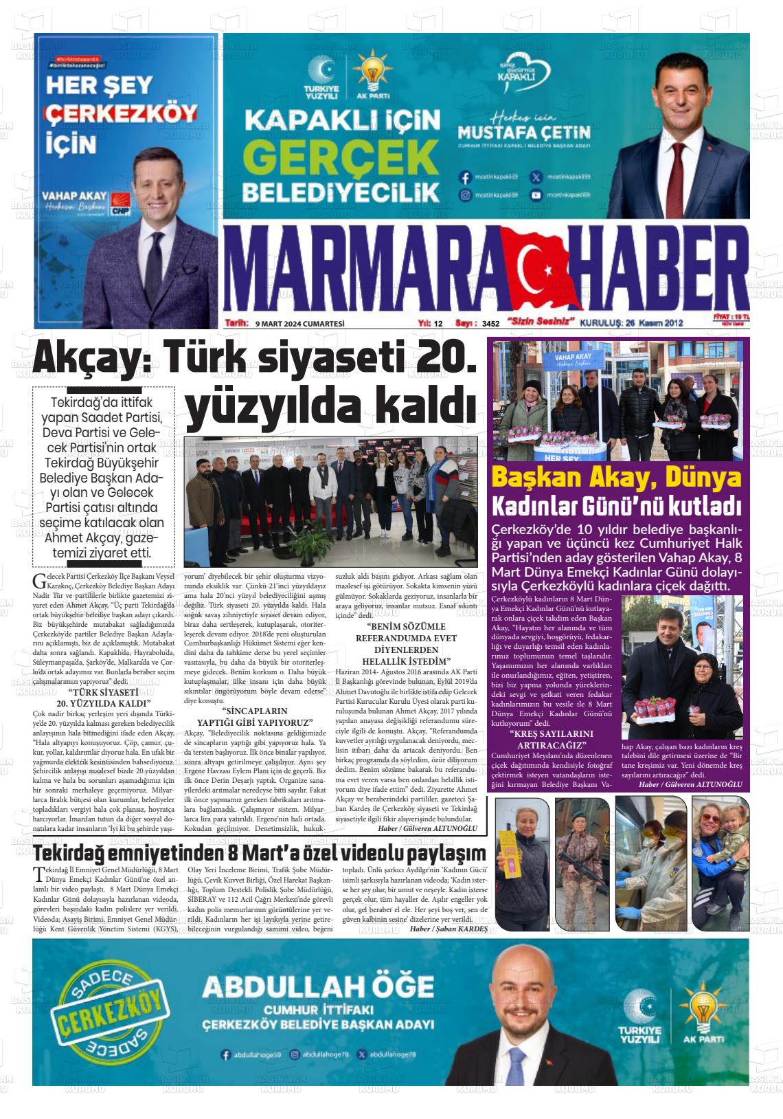 09 Mart 2024 Marmara Haber Gazete Manşeti