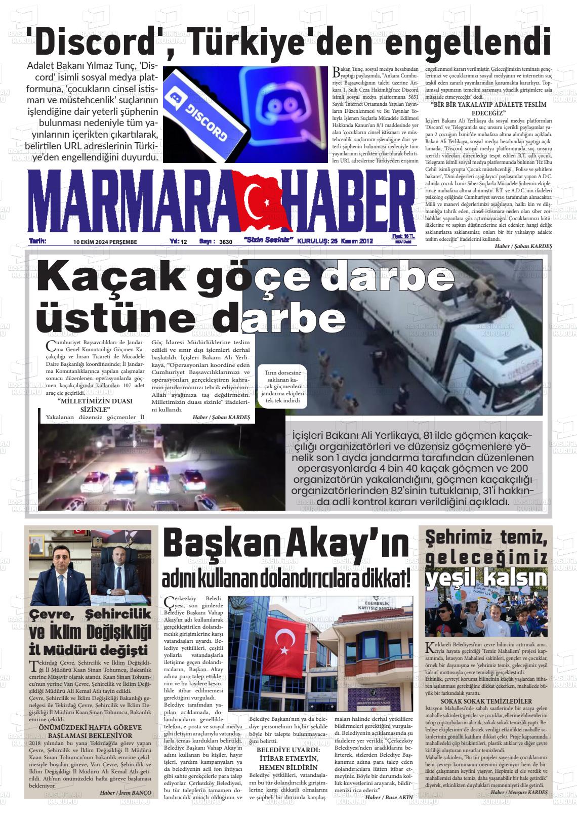 10 Ekim 2024 Marmara Haber Gazete Manşeti