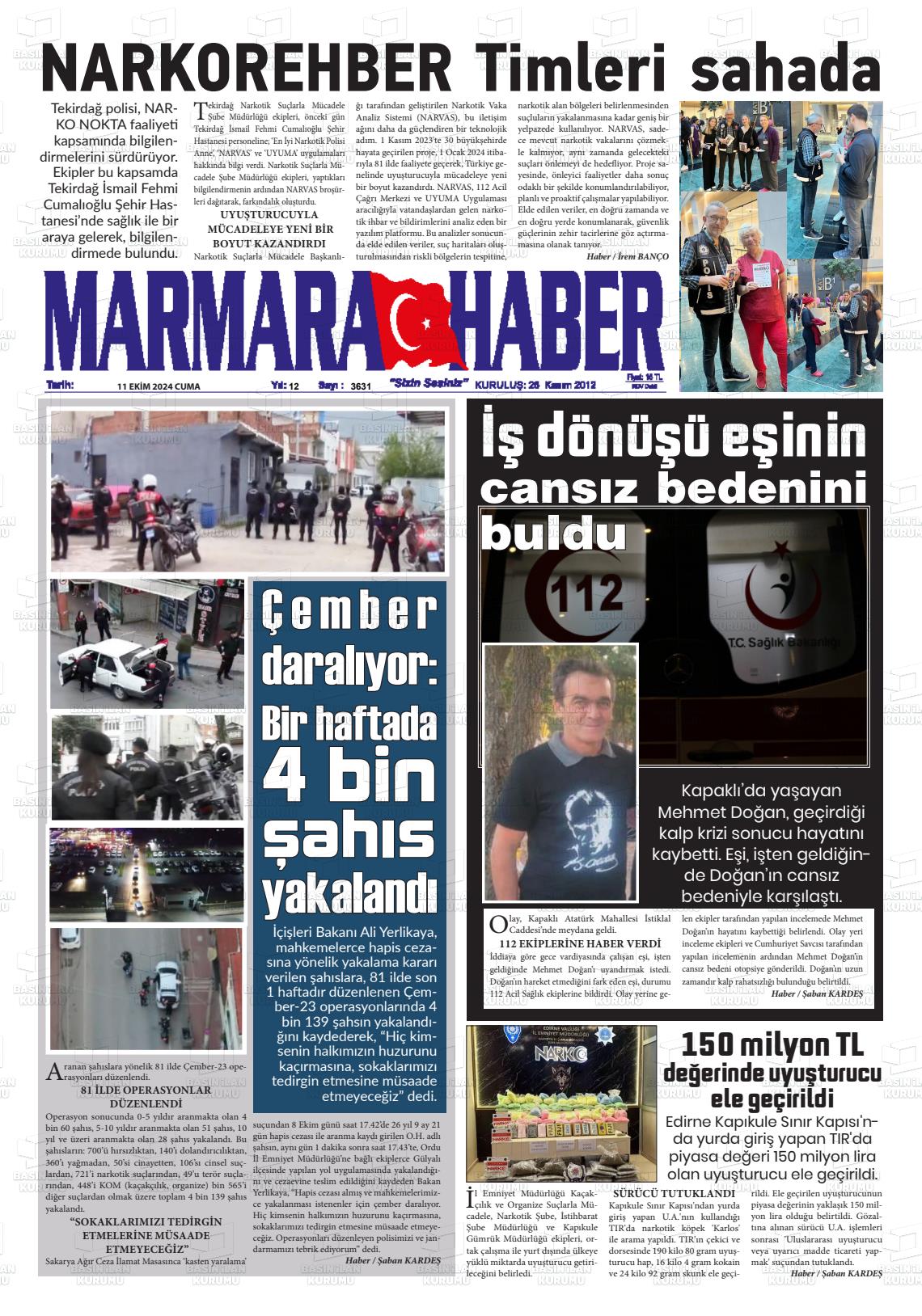 11 Ekim 2024 Marmara Haber Gazete Manşeti