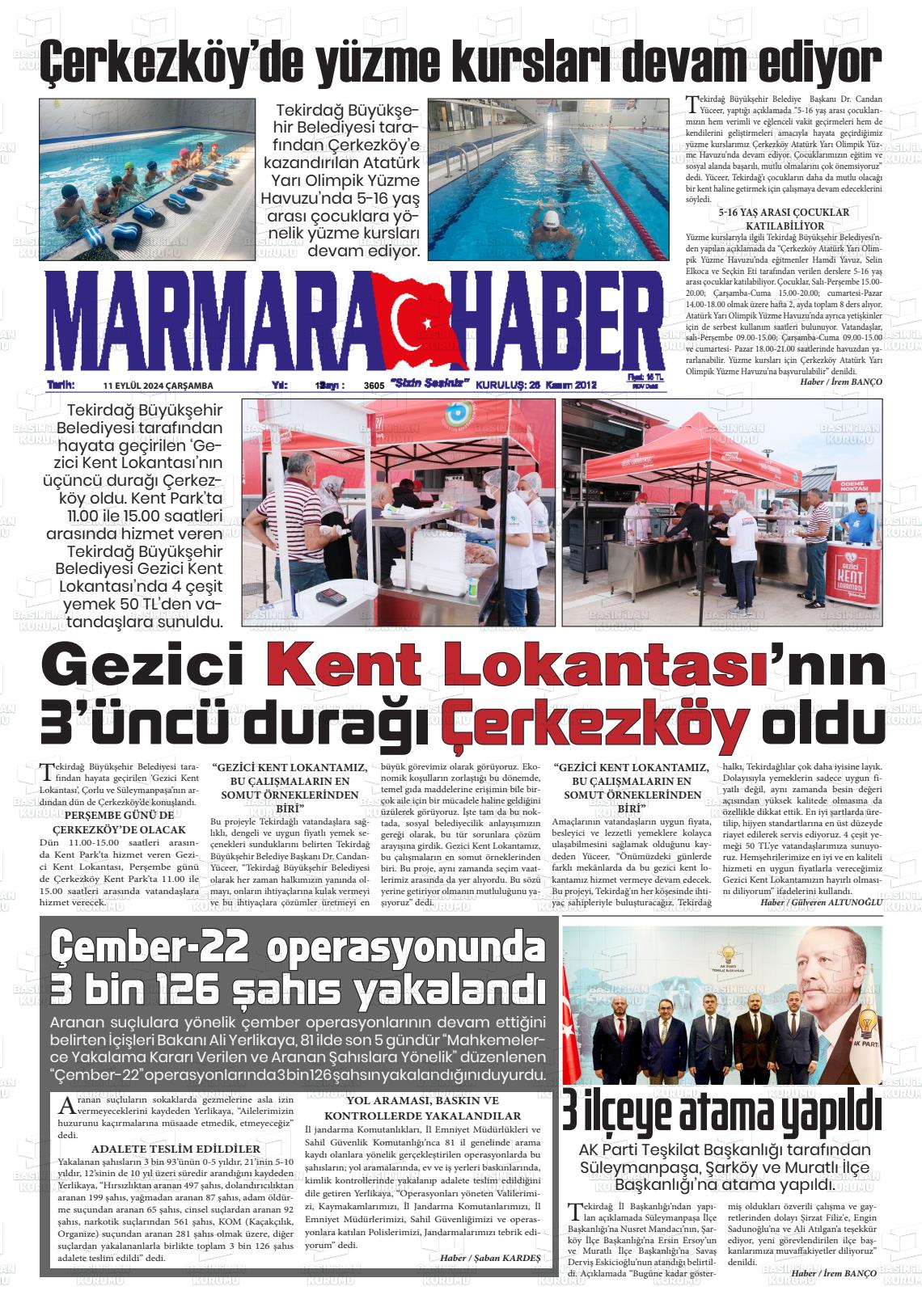 11 Eylül 2024 Marmara Haber Gazete Manşeti