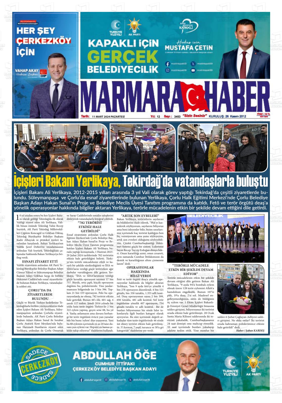 11 Mart 2024 Marmara Haber Gazete Manşeti