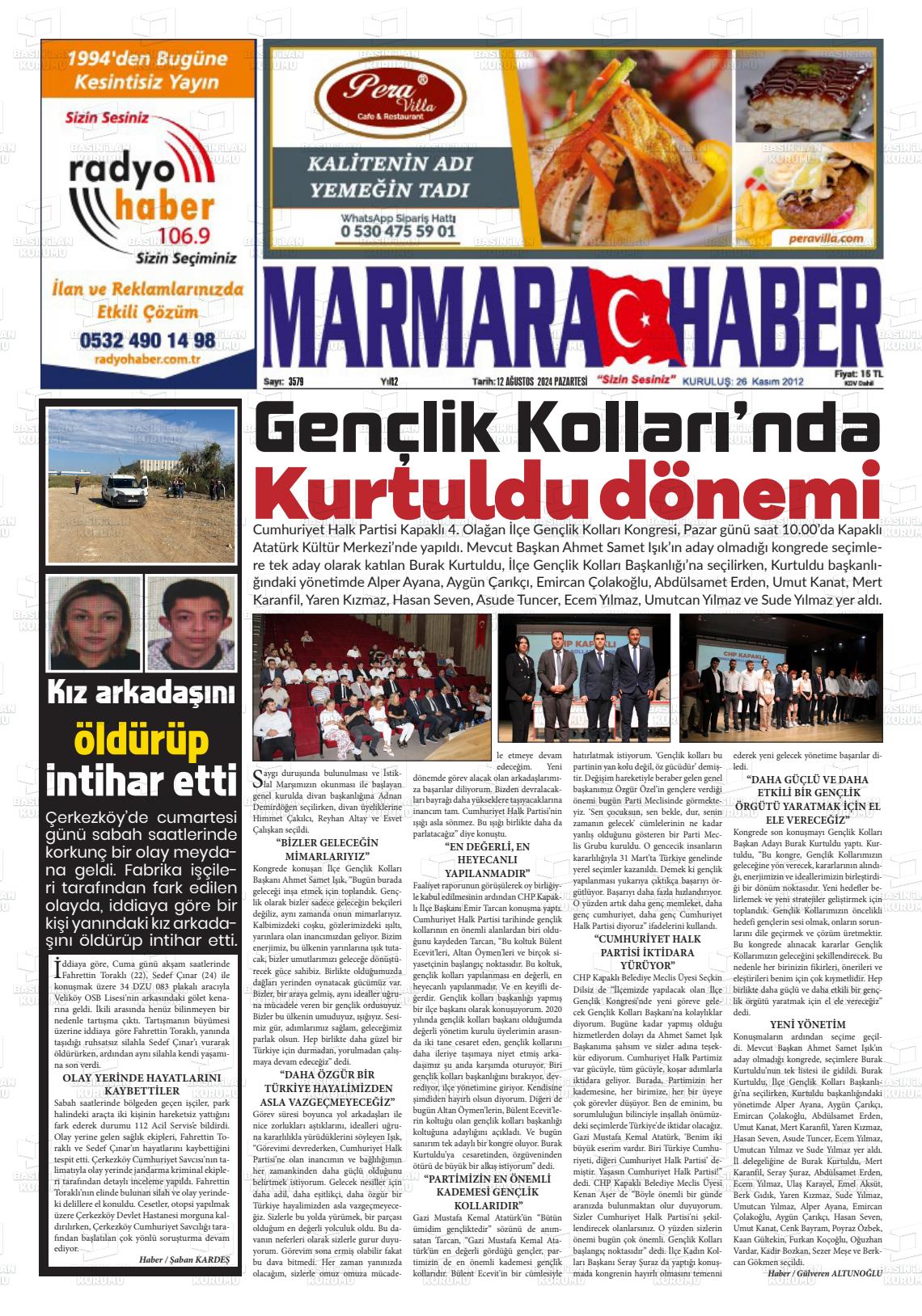 12 Ağustos 2024 Marmara Haber Gazete Manşeti