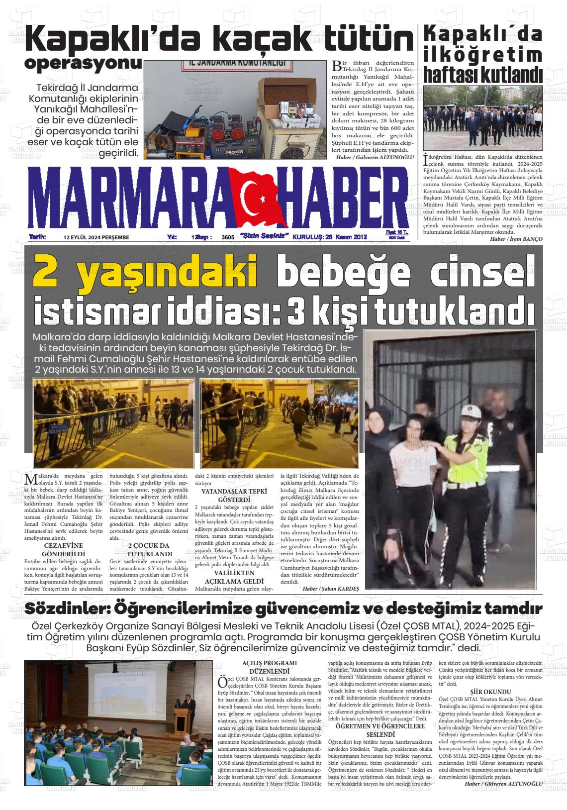 12 Eylül 2024 Marmara Haber Gazete Manşeti