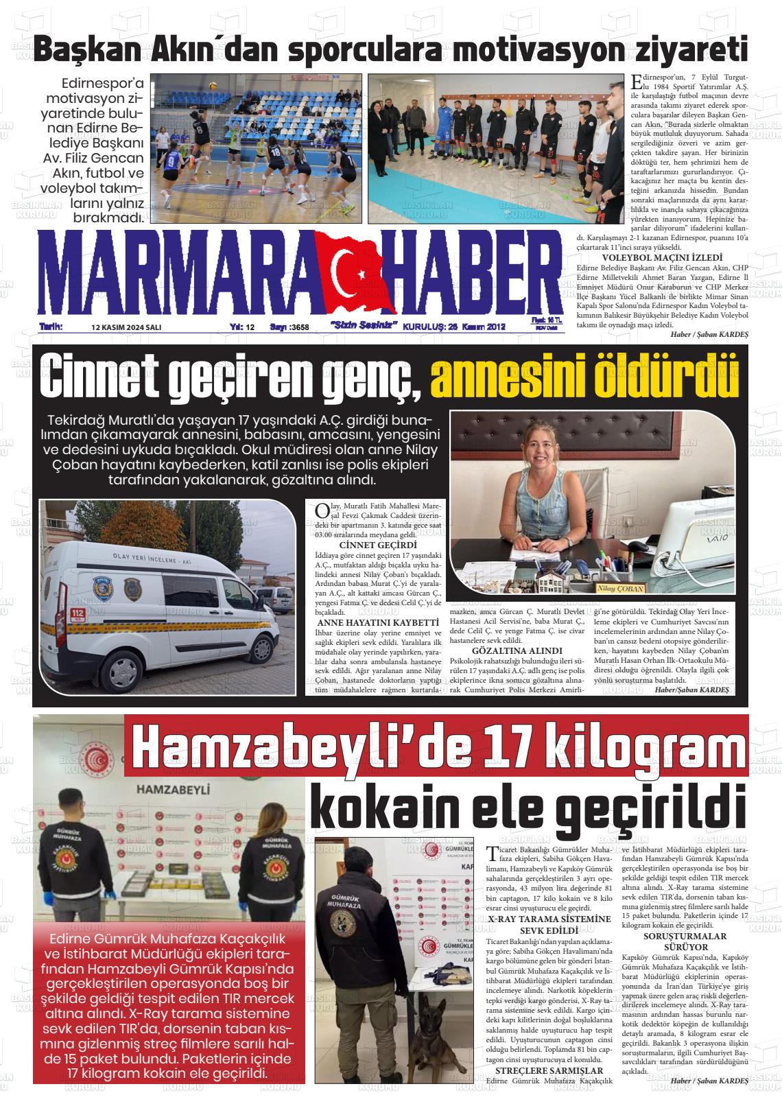 12 Kasım 2024 Marmara Haber Gazete Manşeti