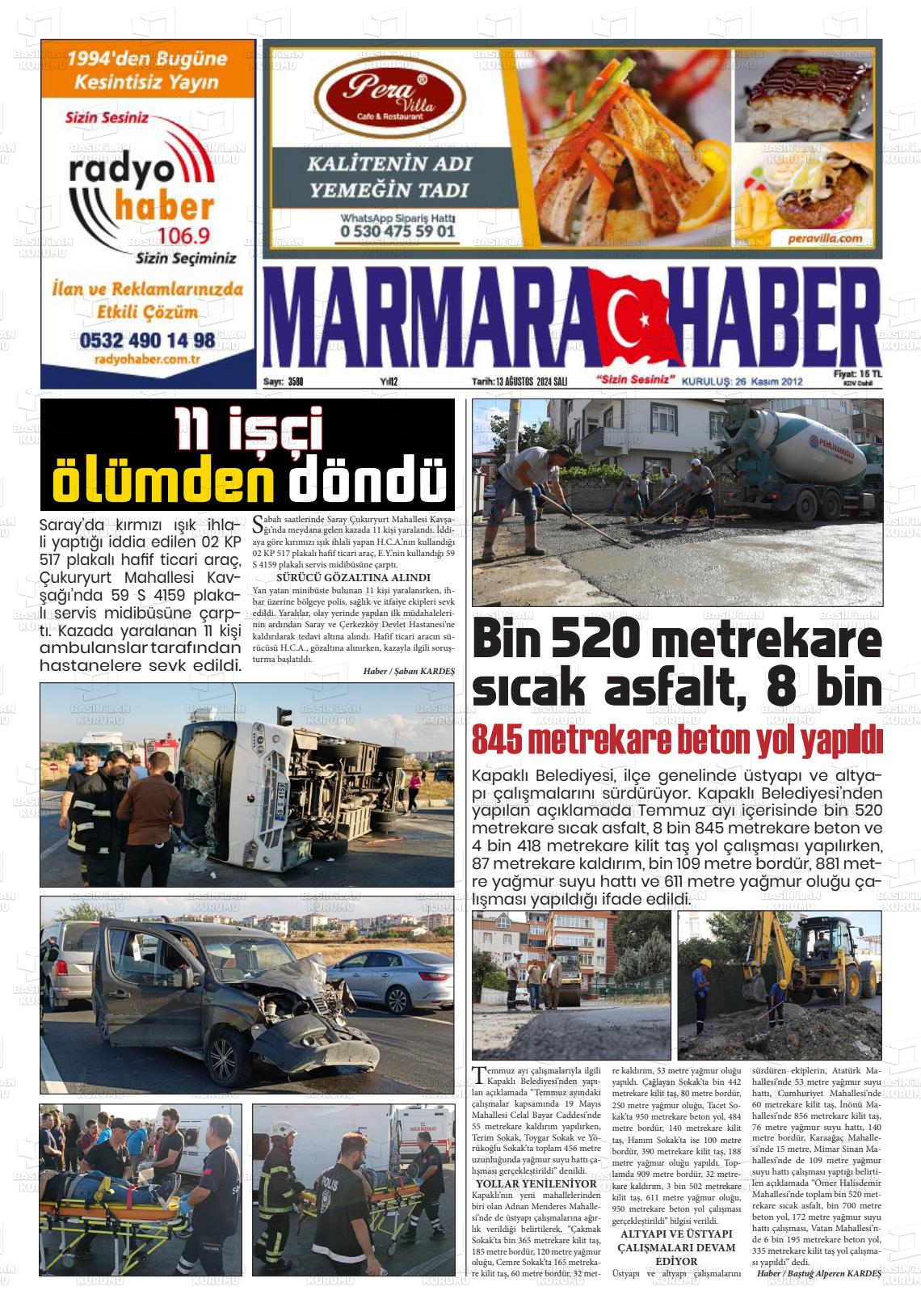 13 Ağustos 2024 Marmara Haber Gazete Manşeti