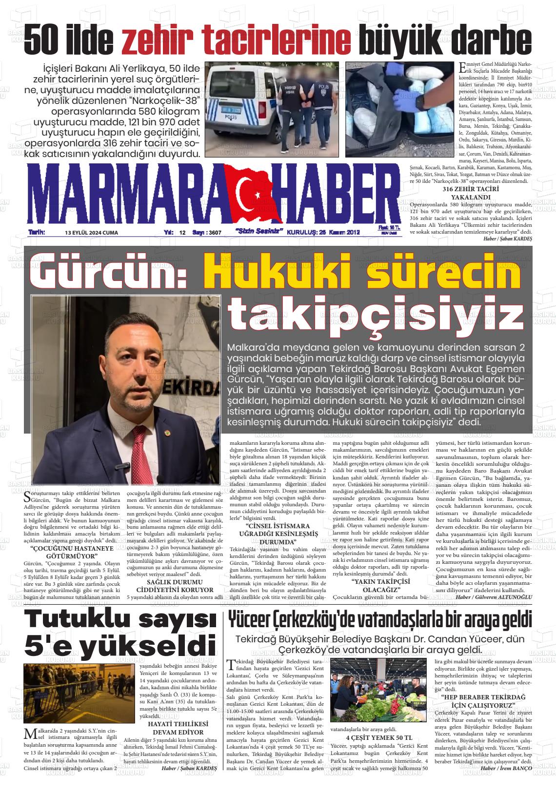 13 Eylül 2024 Marmara Haber Gazete Manşeti