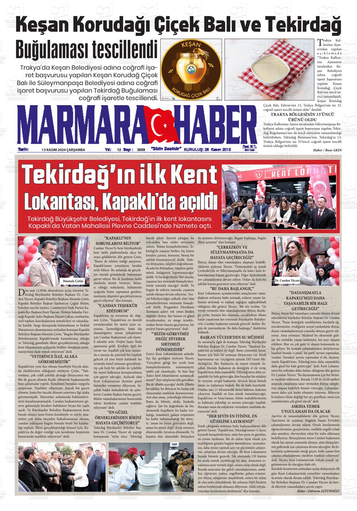 13 Kasım 2024 Marmara Haber Gazete Manşeti