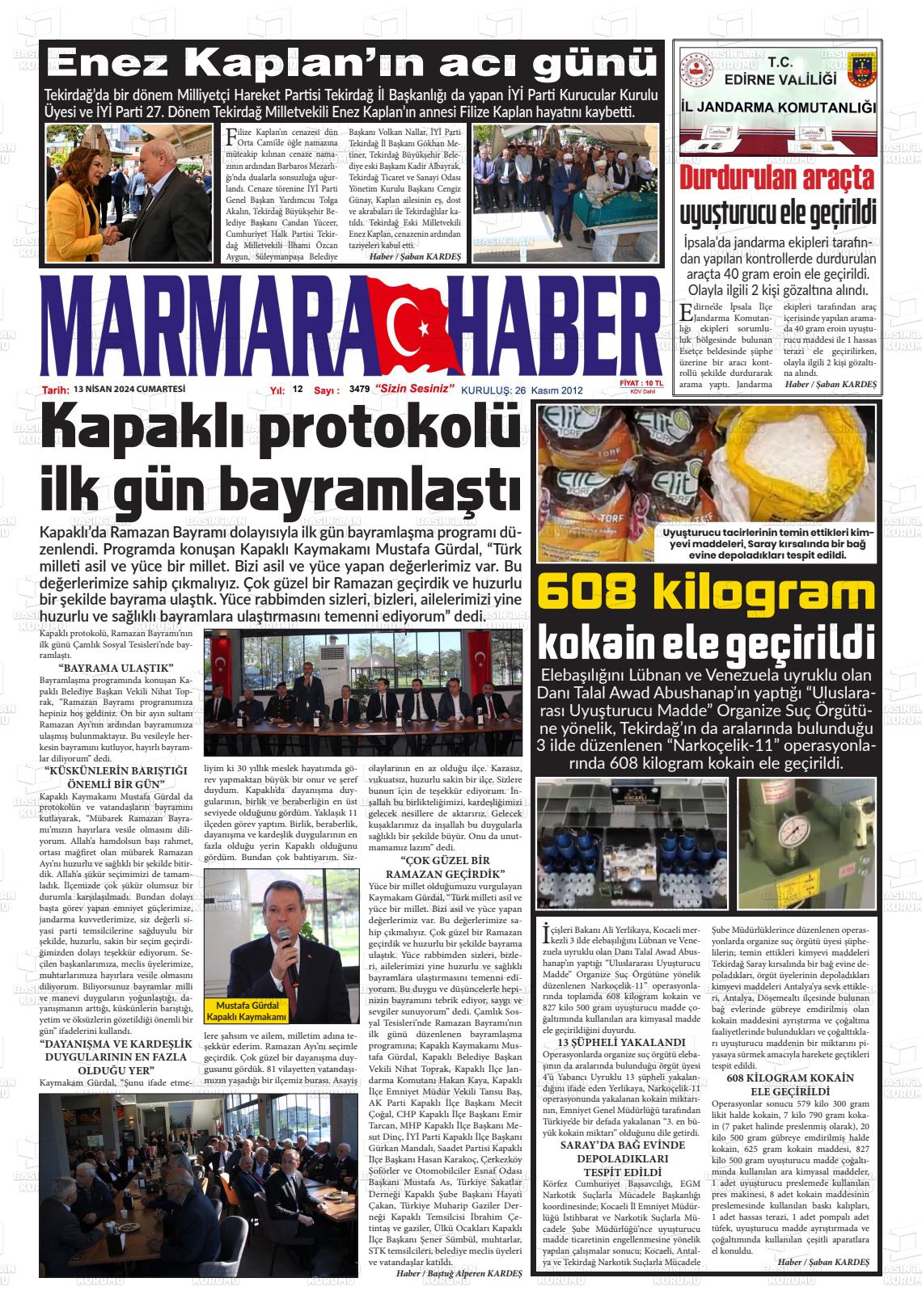 13 Nisan 2024 Marmara Haber Gazete Manşeti