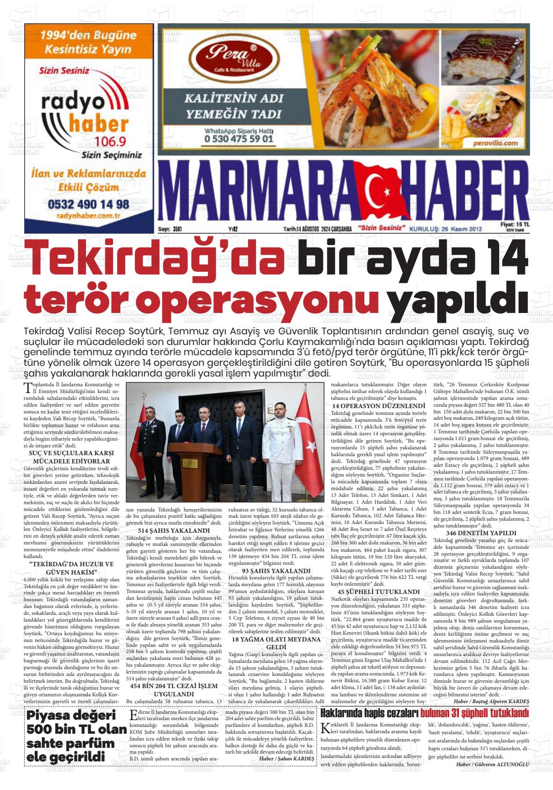 14 Ağustos 2024 Marmara Haber Gazete Manşeti