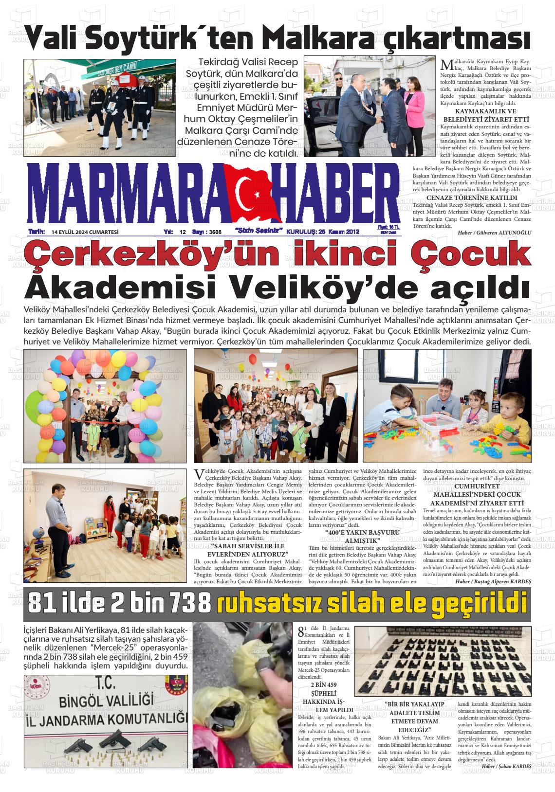 14 Eylül 2024 Marmara Haber Gazete Manşeti