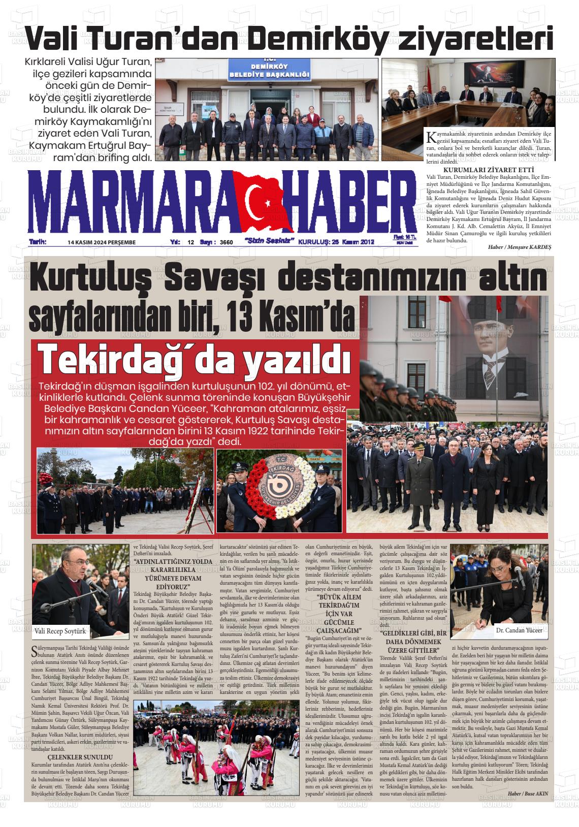 14 Kasım 2024 Marmara Haber Gazete Manşeti