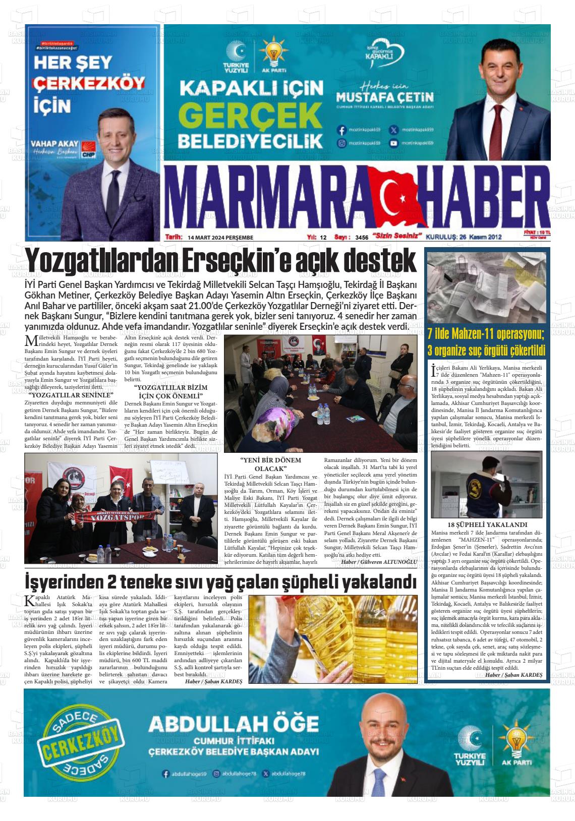 14 Mart 2024 Marmara Haber Gazete Manşeti