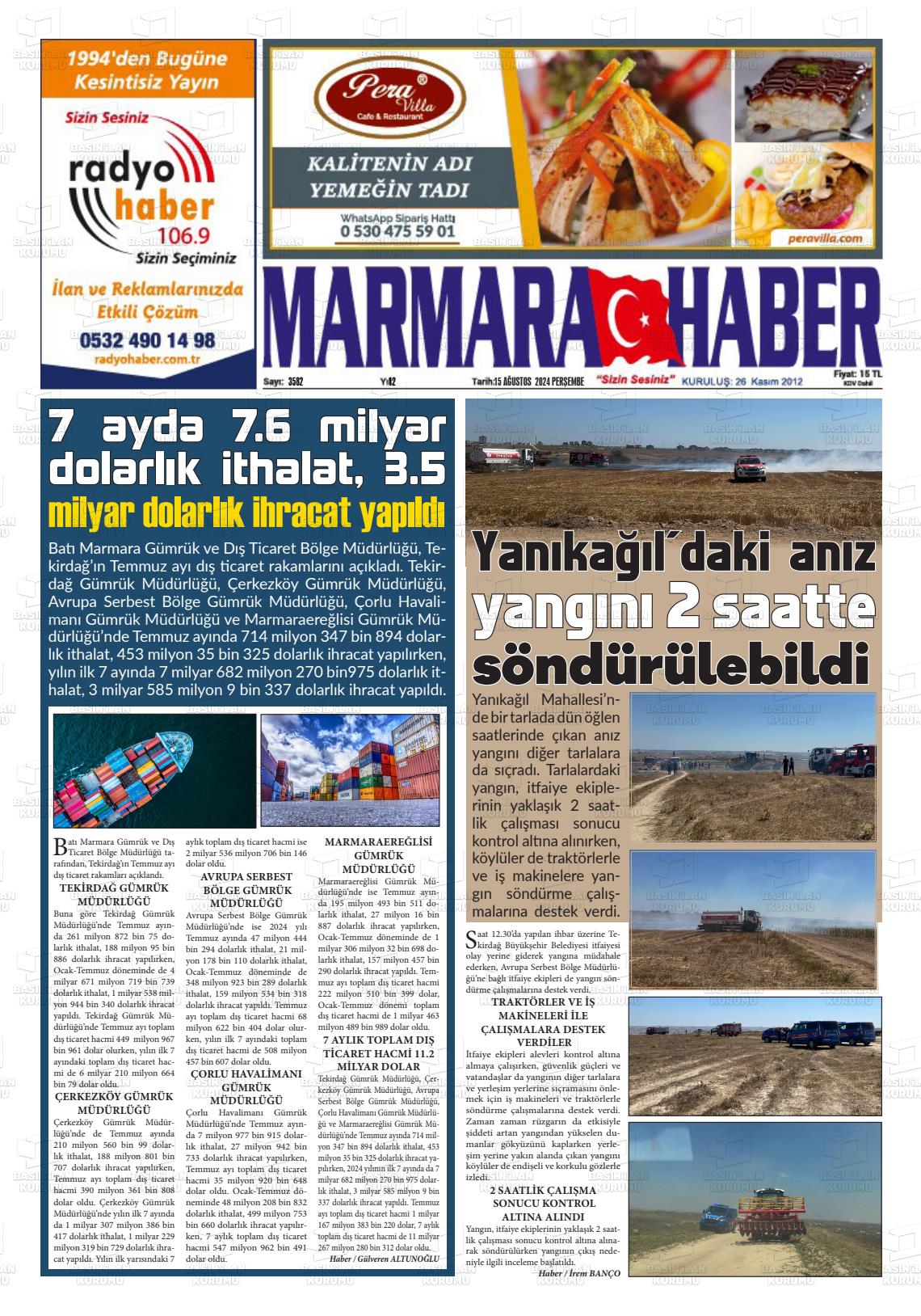 15 Ağustos 2024 Marmara Haber Gazete Manşeti