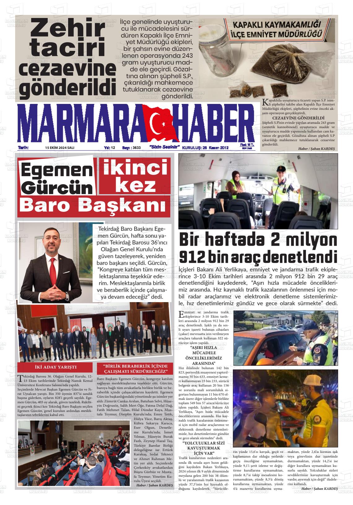 15 Ekim 2024 Marmara Haber Gazete Manşeti