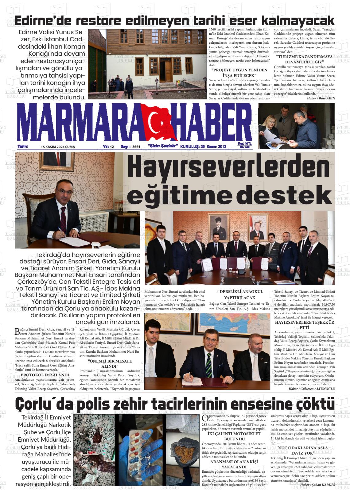 15 Kasım 2024 Marmara Haber Gazete Manşeti