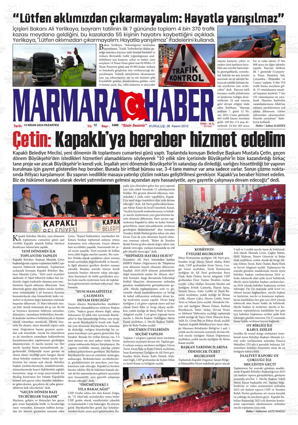 15 Nisan 2024 Marmara Haber Gazete Manşeti