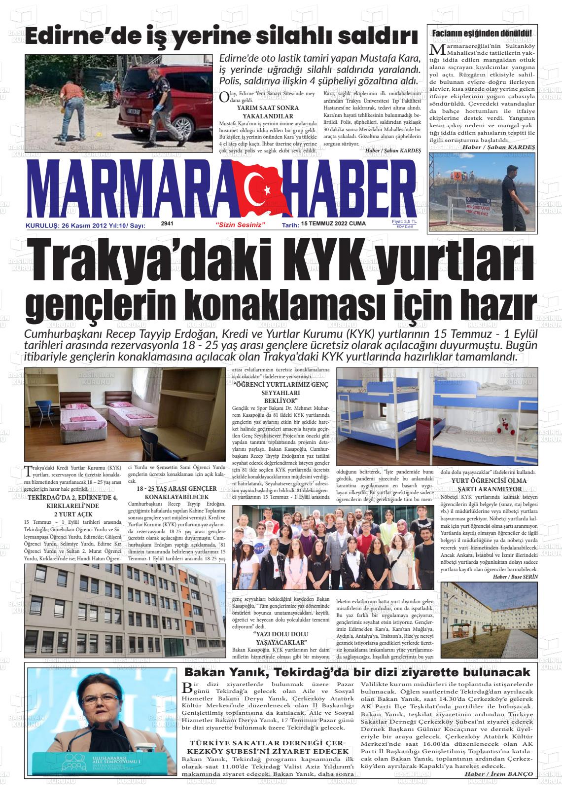 15 Temmuz 2022 Marmara Haber Gazete Manşeti