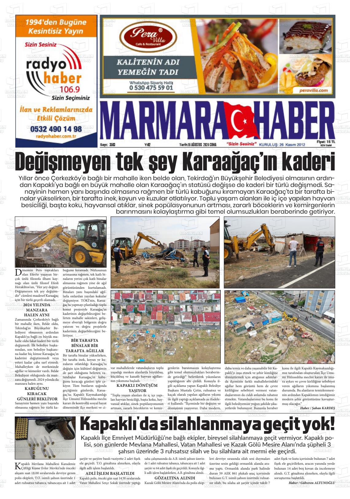 16 Ağustos 2024 Marmara Haber Gazete Manşeti