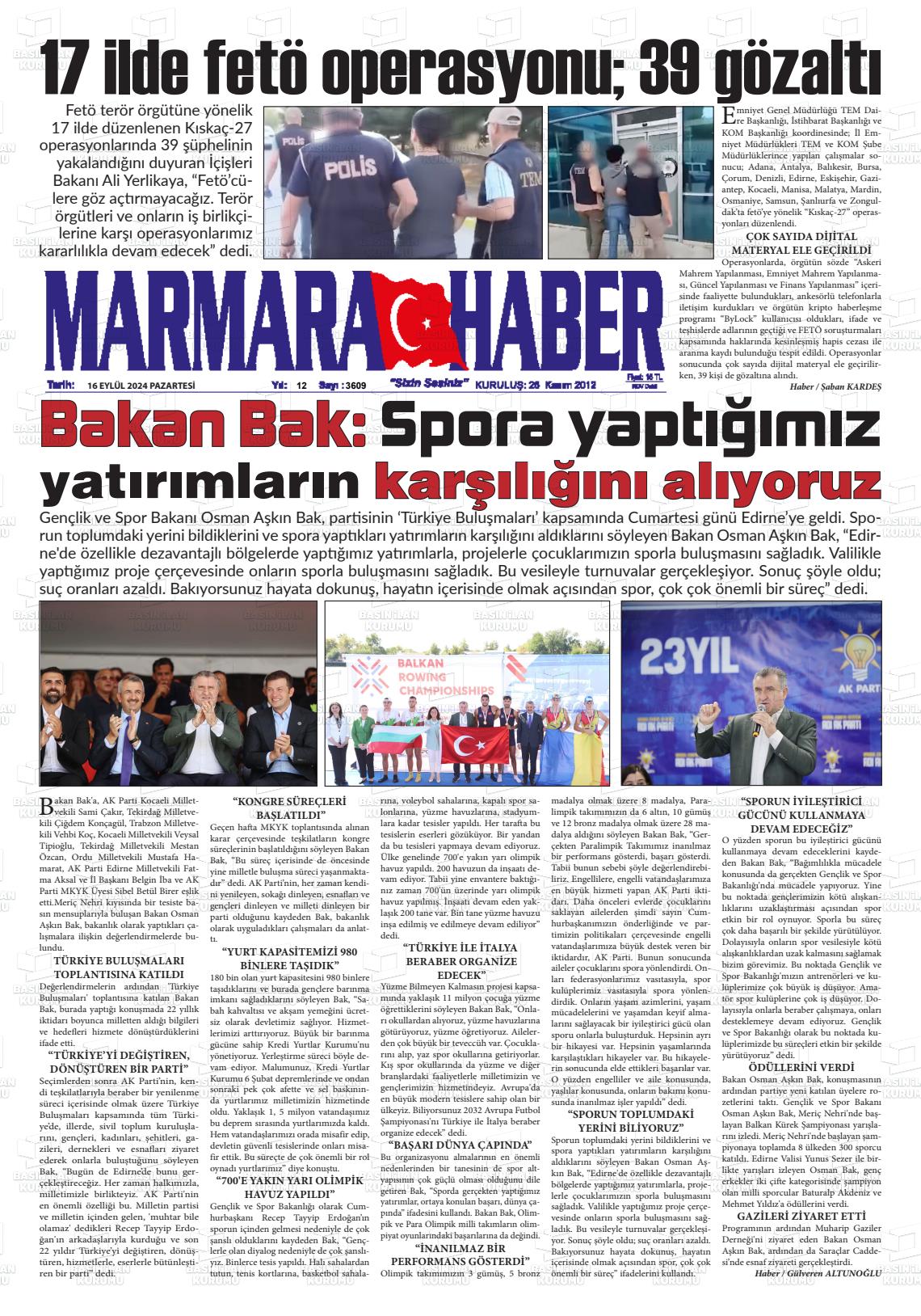 16 Eylül 2024 Marmara Haber Gazete Manşeti