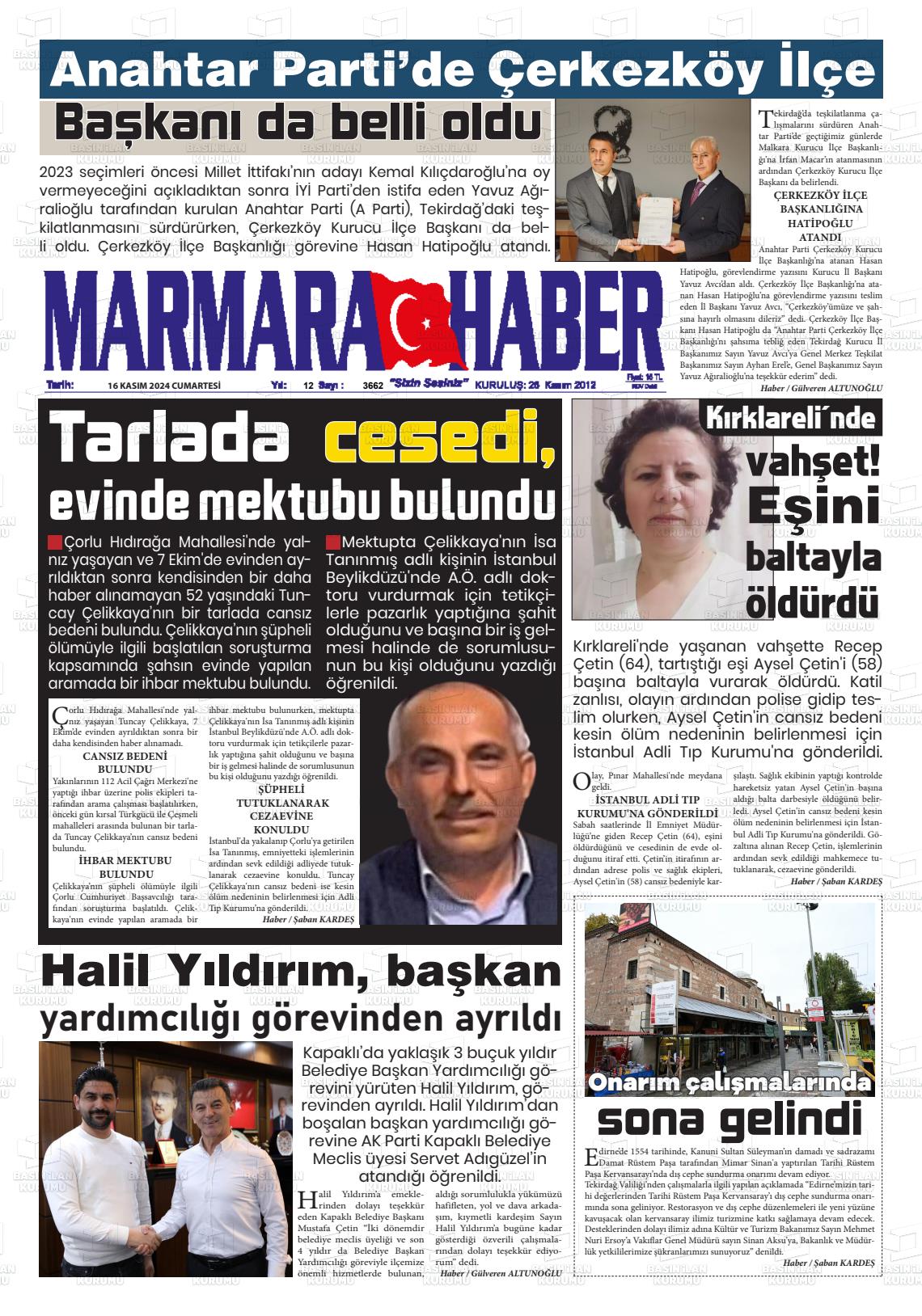 16 Kasım 2024 Marmara Haber Gazete Manşeti