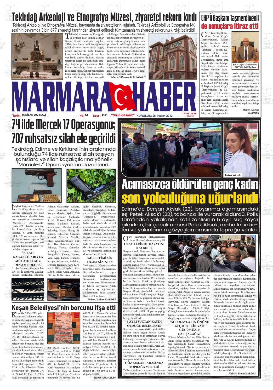 16 Nisan 2024 Marmara Haber Gazete Manşeti