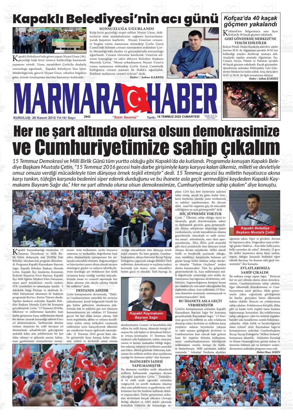 16 Temmuz 2022 Marmara Haber Gazete Manşeti