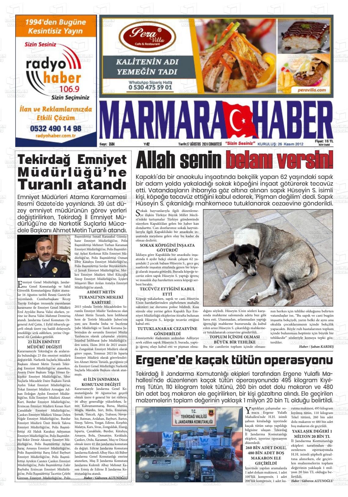 17 Ağustos 2024 Marmara Haber Gazete Manşeti