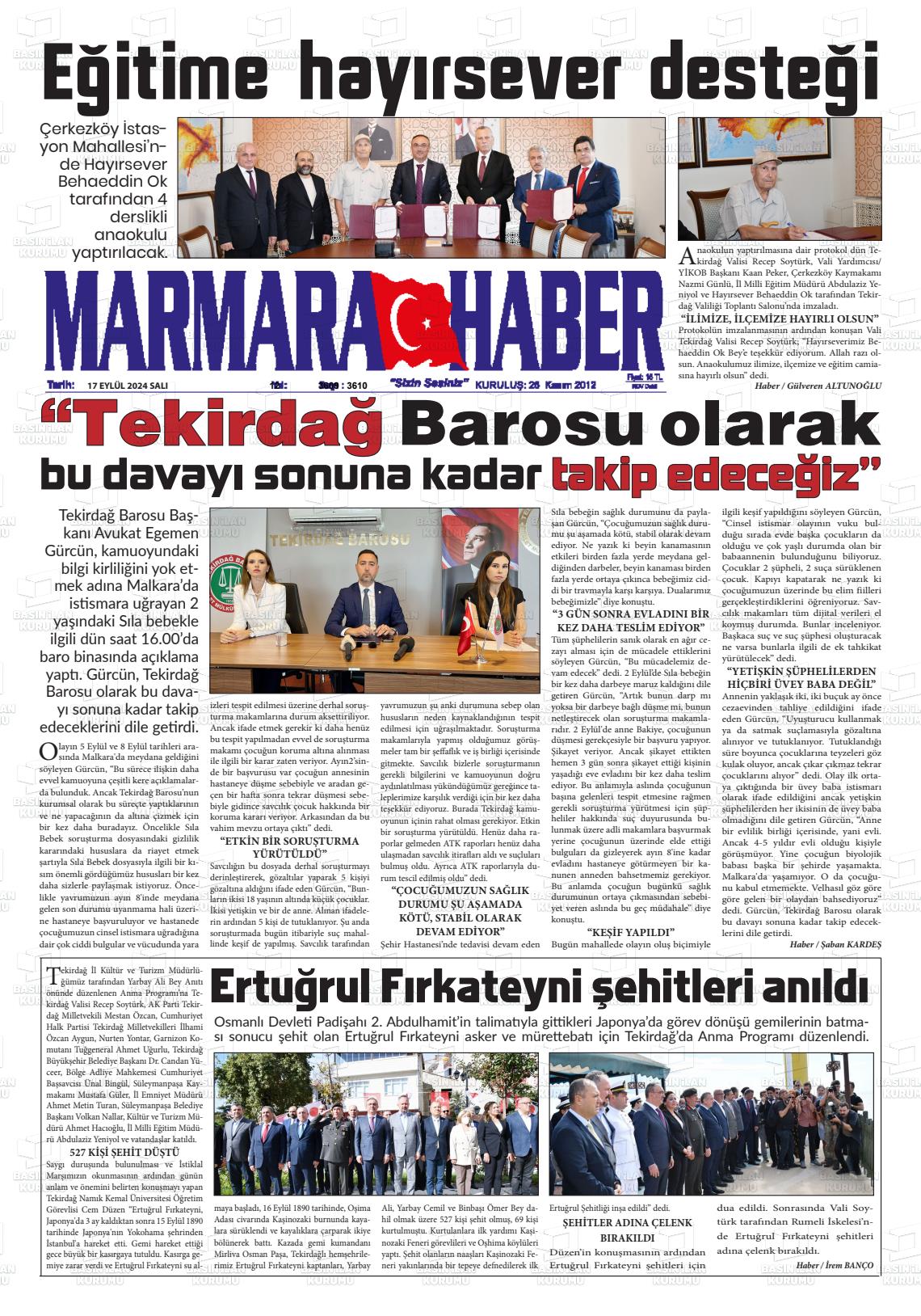 17 Eylül 2024 Marmara Haber Gazete Manşeti