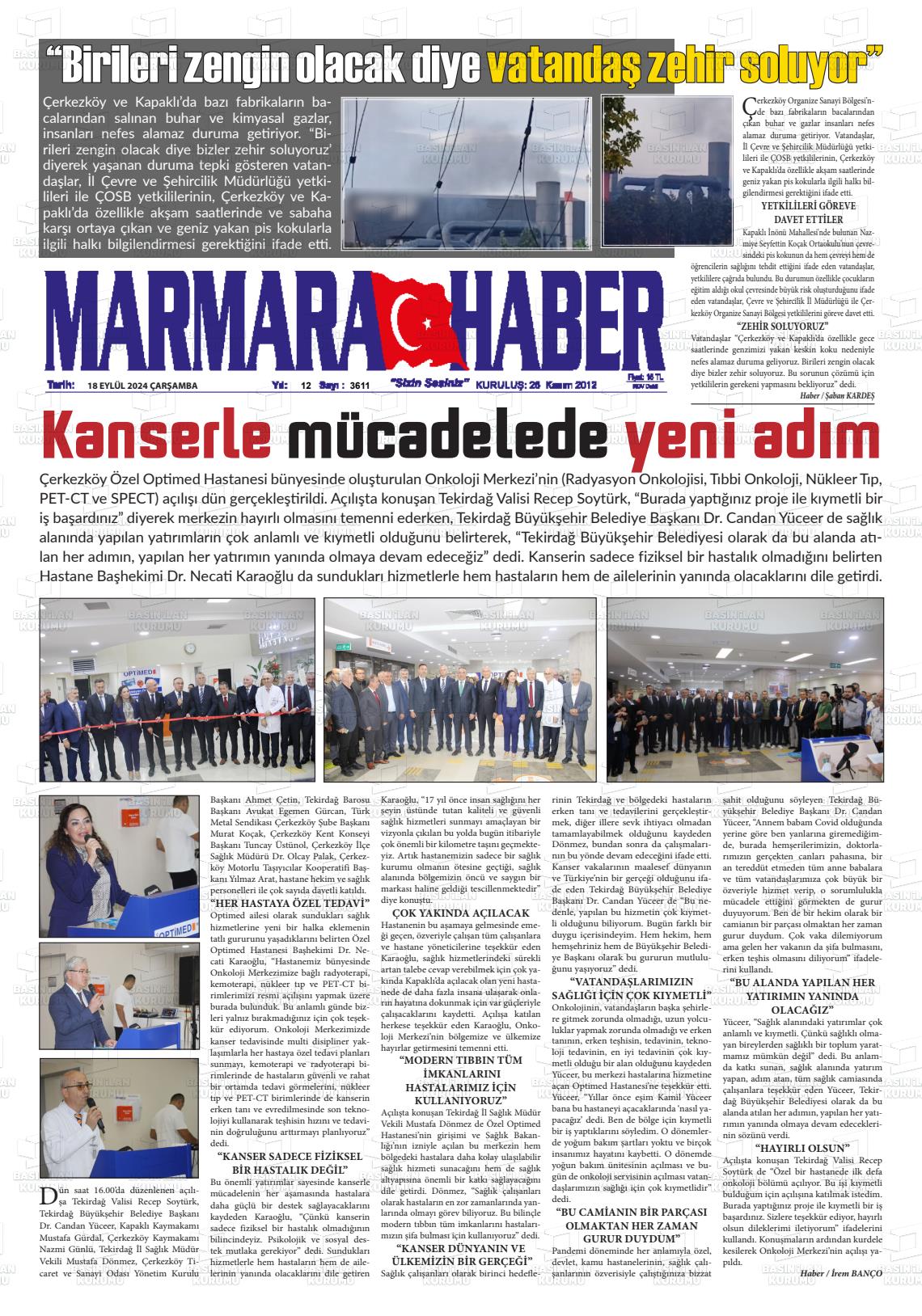 18 Eylül 2024 Marmara Haber Gazete Manşeti