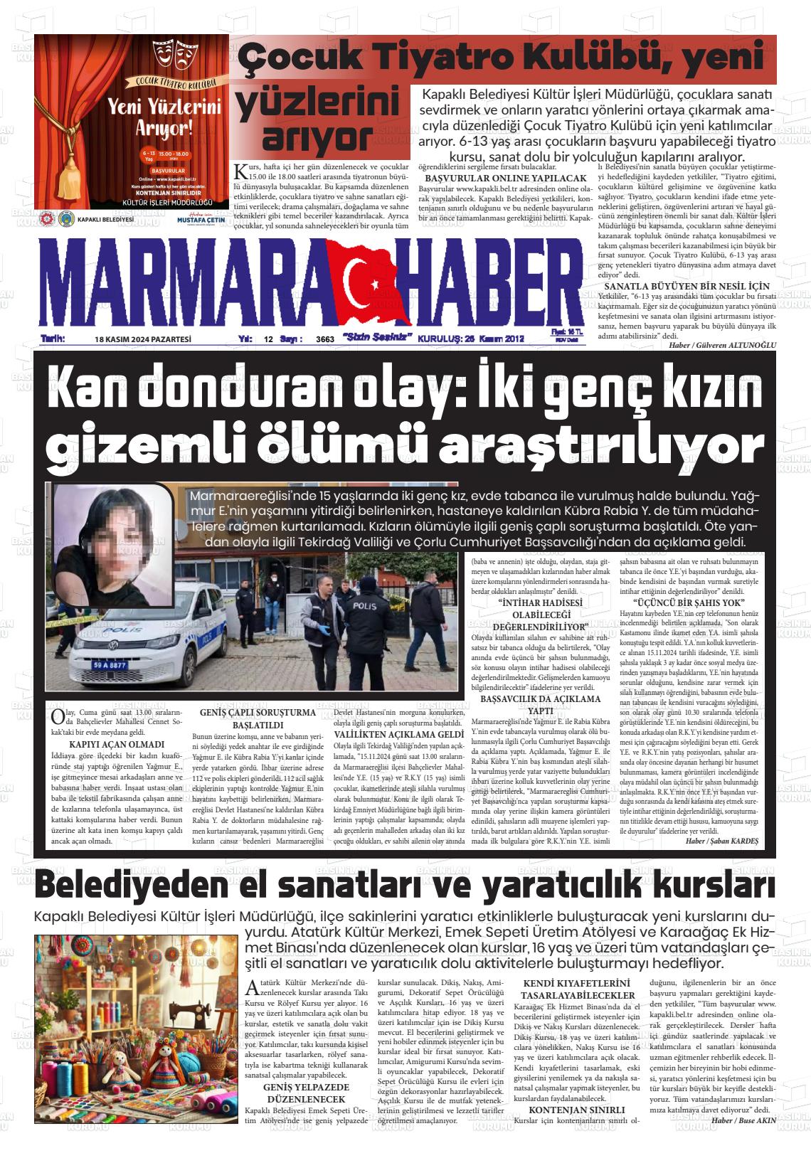 18 Kasım 2024 Marmara Haber Gazete Manşeti