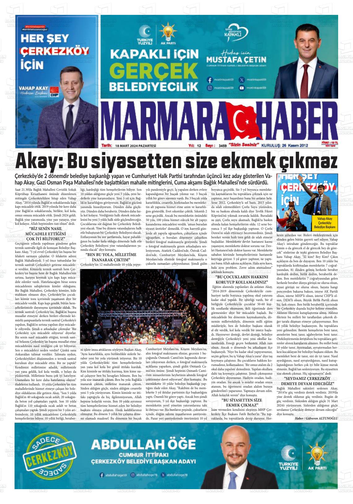 18 Mart 2024 Marmara Haber Gazete Manşeti